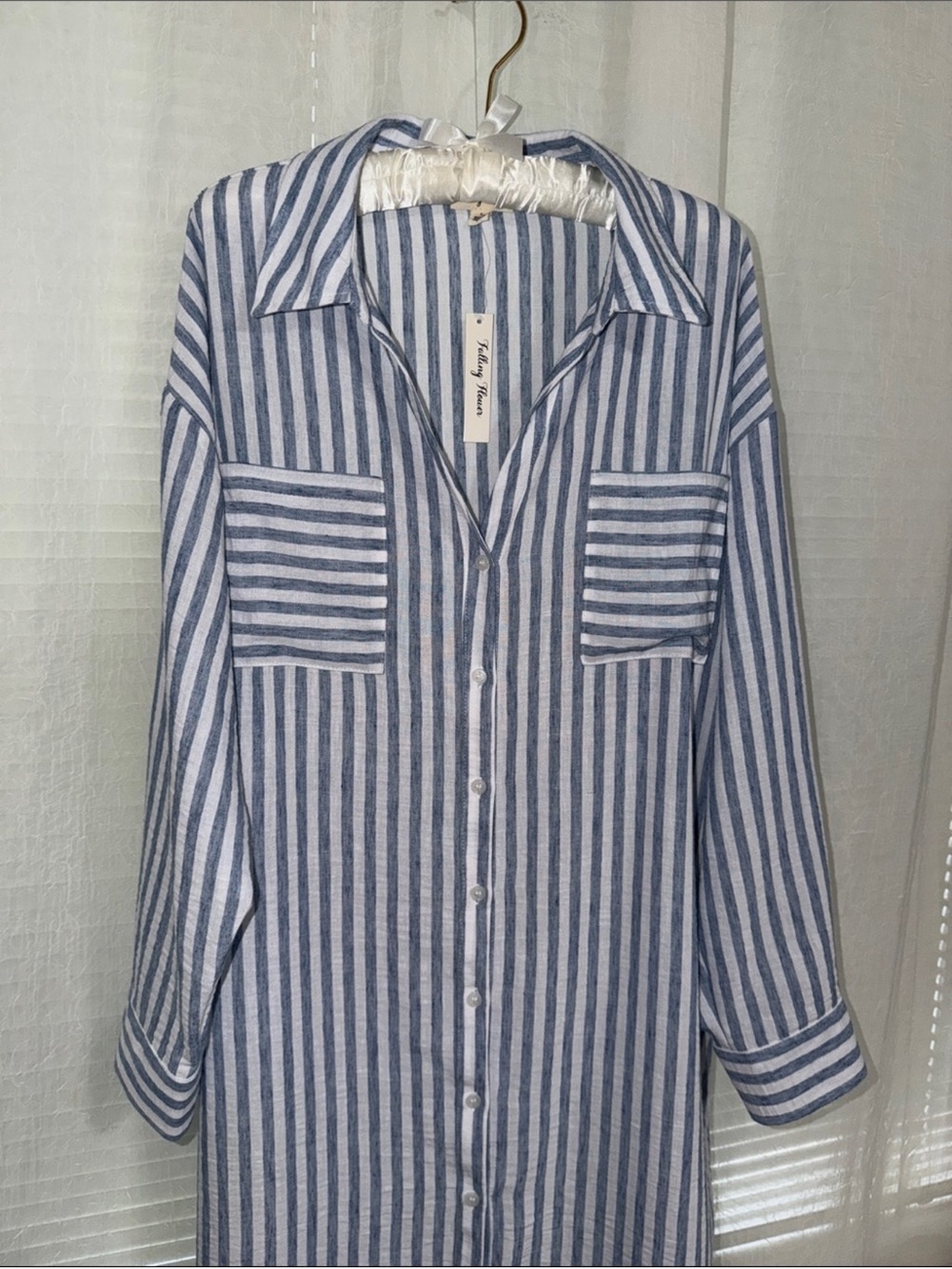 Falling Flower L Blue and White Striped Button-Up Tab Long Sleeve Shirt Dress - Picture 5 of 14